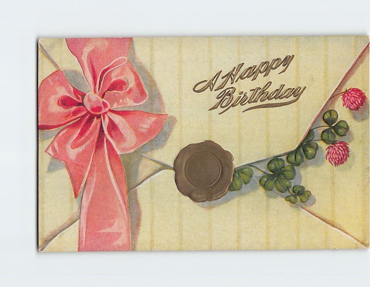 Postcard Happy Birthday Ribbon Envelope Flower Art Print Embossed Card