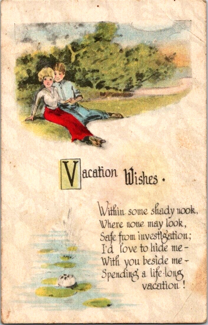 Vintage Vacation Wishes romance man and woman postcard a54