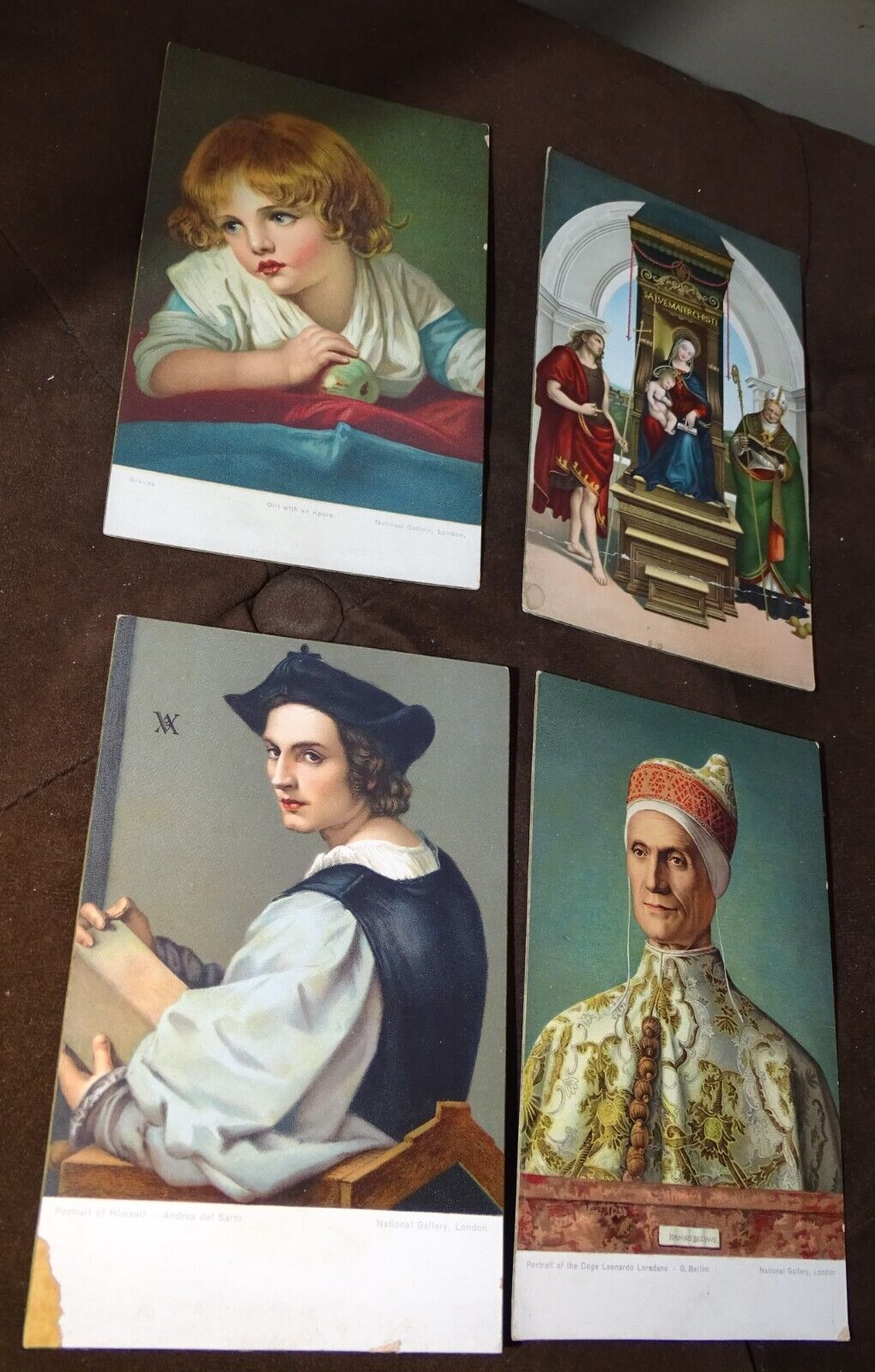 4 Antique Misch & Co. Postcards - Girl w/ Apple, Doge Leonardo Loredan, Madonna