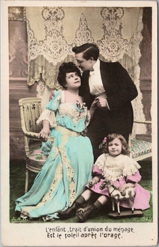 Vintage 1910s French Tinted Photo RPPC Greetings Postcard / Couple with Baby