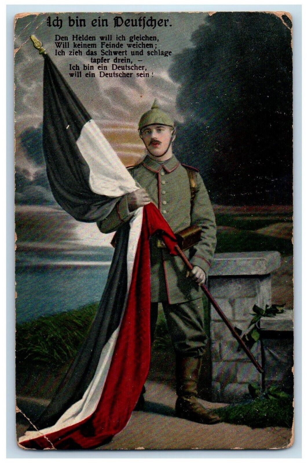 c1910's WWI German Military Soldier Holding Flag Poem Posted Antique Postcard