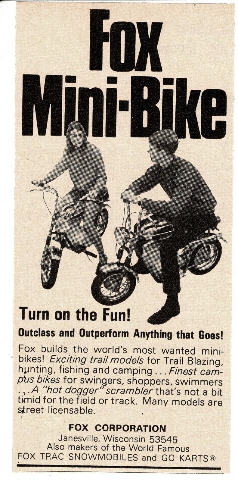 1969 FOX Mini-Bike Janesville Wisconsin Vintage Print Ad