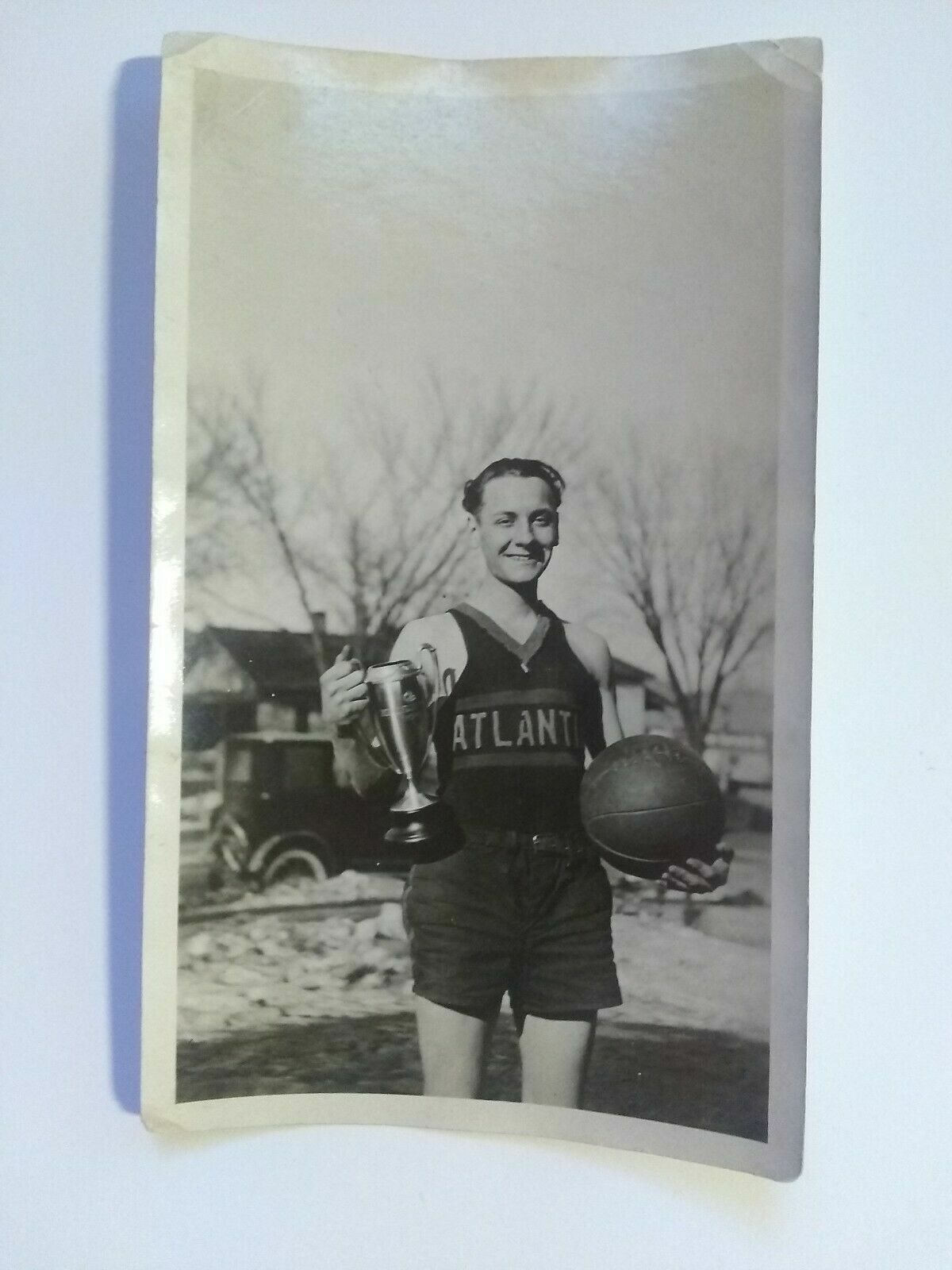 Vintage c. 1920's Basketball Photo Player Holding Trophy Wearing Atlanta Uniform