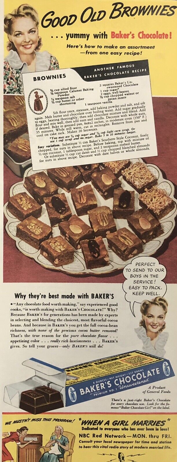 1941 BAKER\'S CHOCOLATE w/Brownie recipe: Color ad clipping ~ Send to servicemen