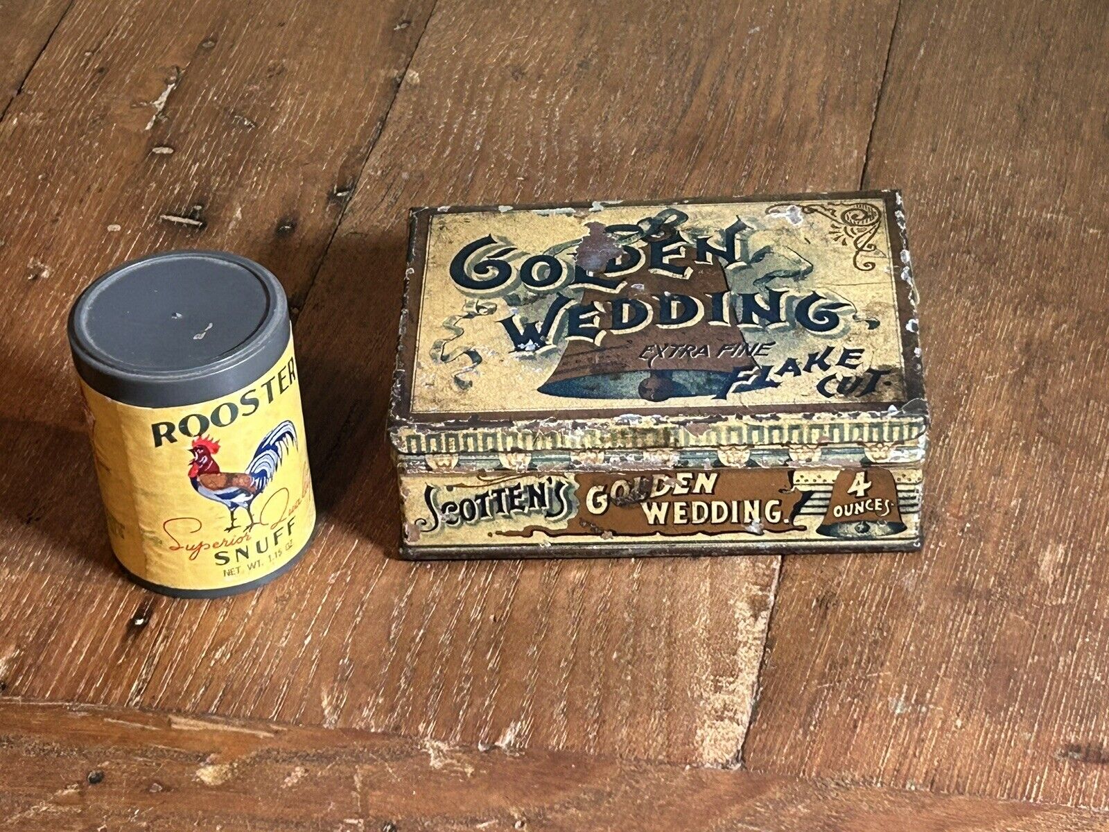 2 small empty tobacco items - Golden Wedding Flake Cut & Rooster Snuff