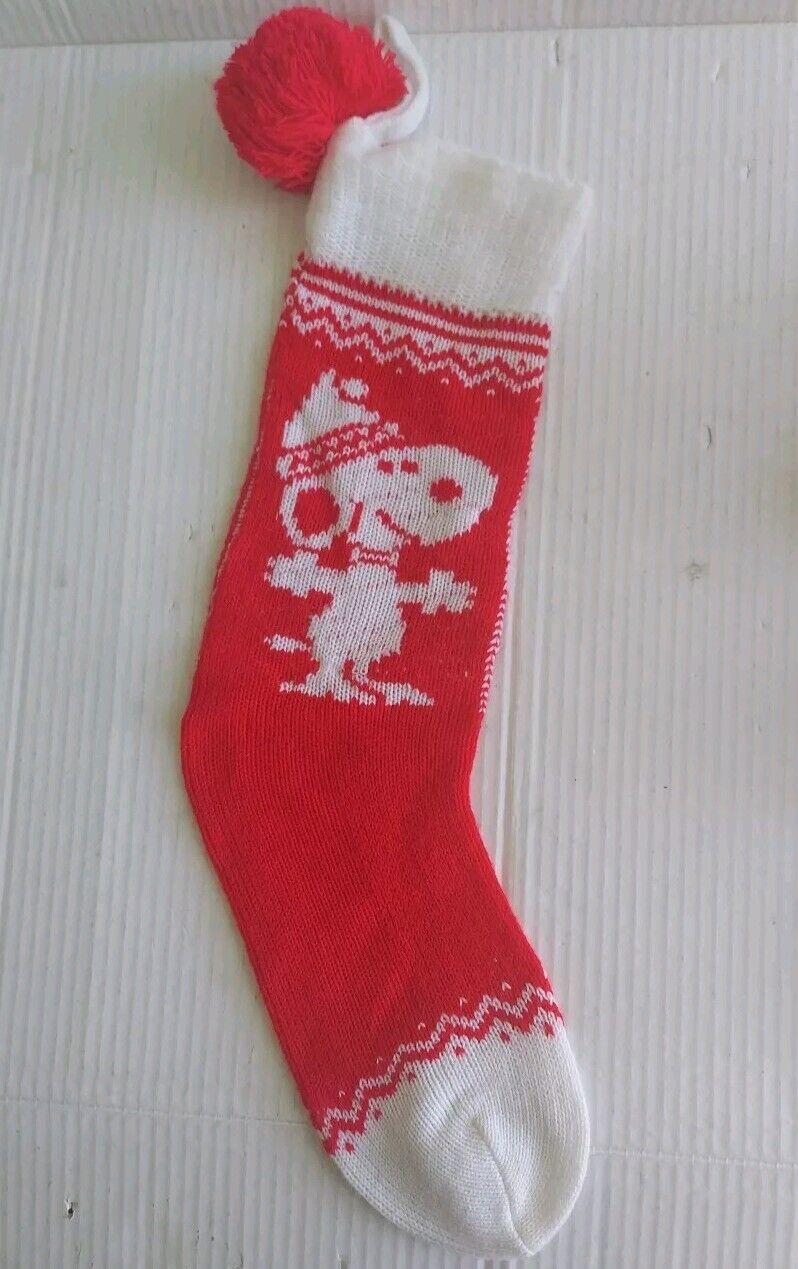  Vintage Snoopy Knitted Christmas Stocking  W/Pom Poms 