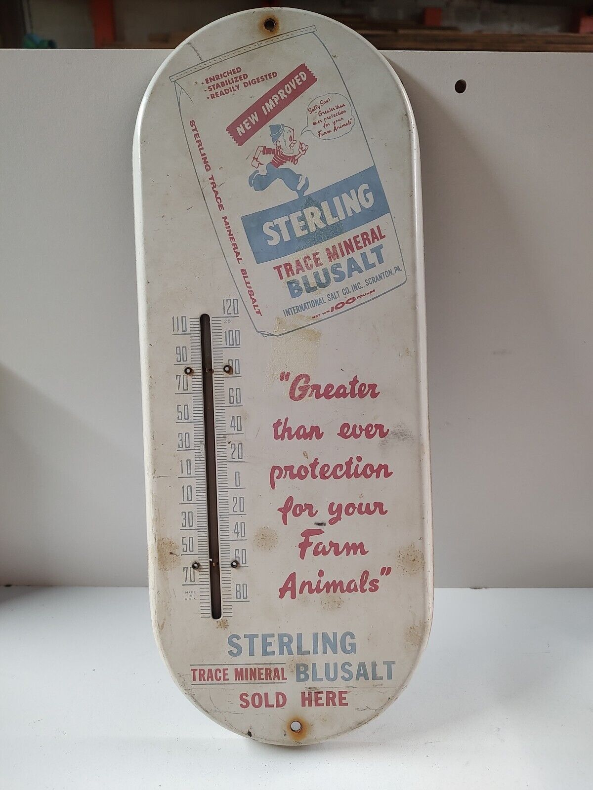 Vintage antique advertising thermometer .. STERLING BLUSALT FARM FEEDS rare