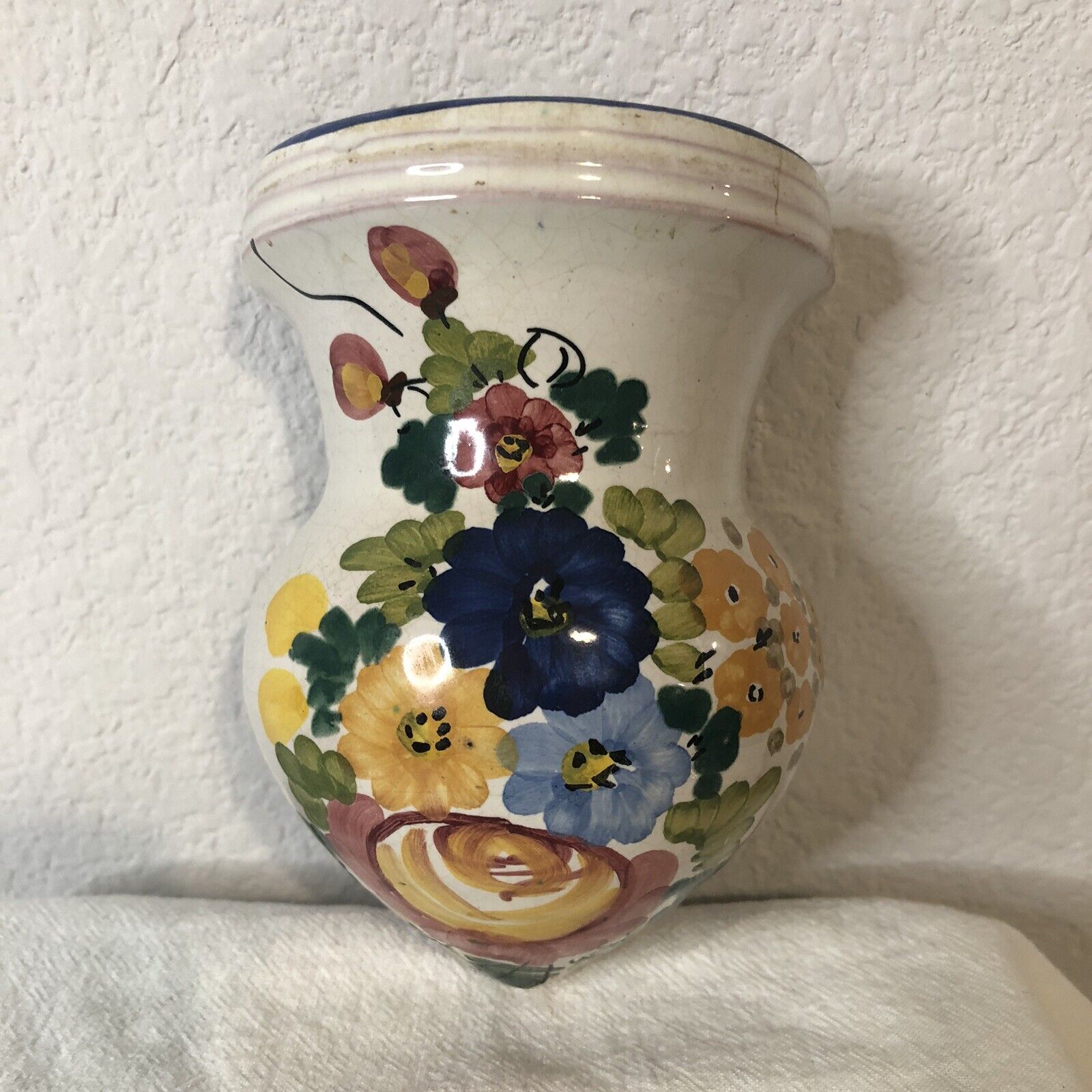 Vintage Small Ceramic Wall Hanging Pocket Pot Planter Floral Hand Painted Italy