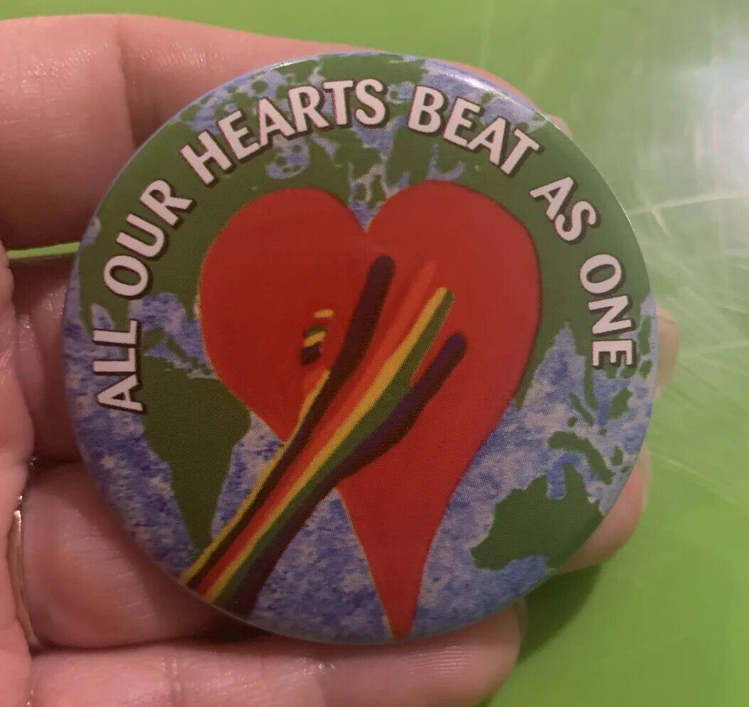 Heart Rainbow Vintage All Our Hearts Beat As One Plastic Pride Pin Button