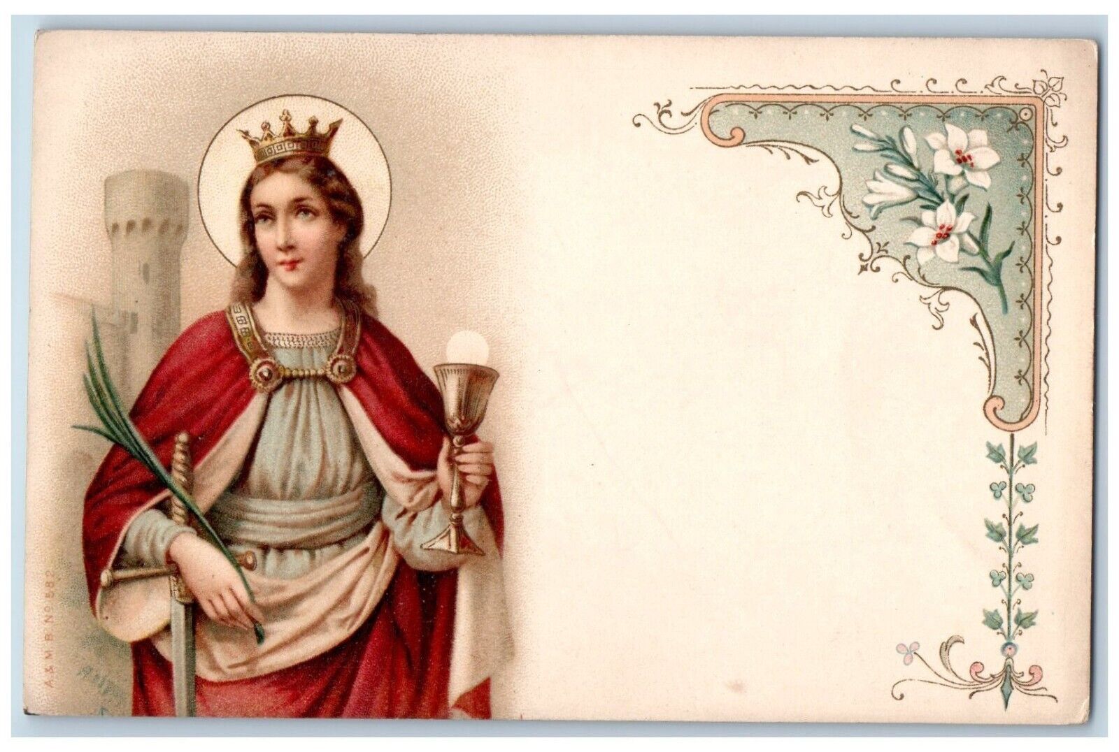 Religious Postcard Saint Barbara And Flowers c1910's Unposted Antique