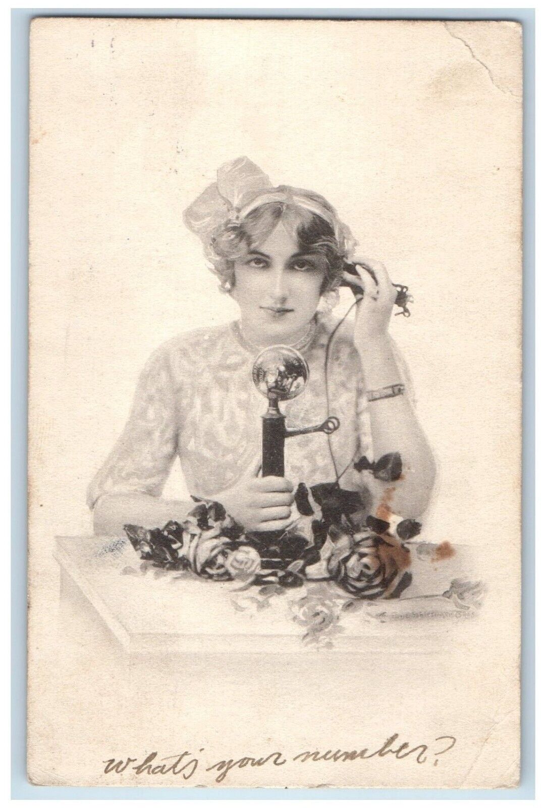 1910 Beautiful Girl Antique Phone Flowers Alliance Ohio OH Antique Postcard