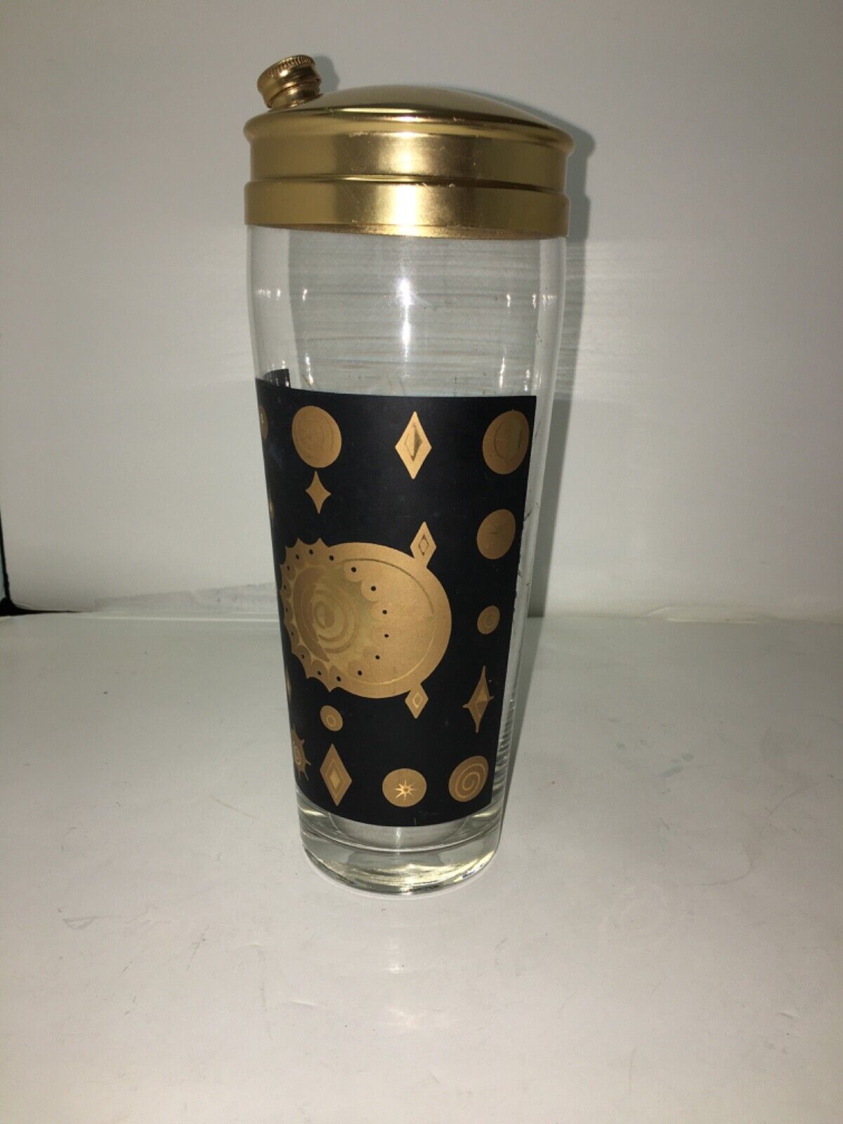 Vintage Glass Cocktail Shaker W/ Black & Gold Celestial Design