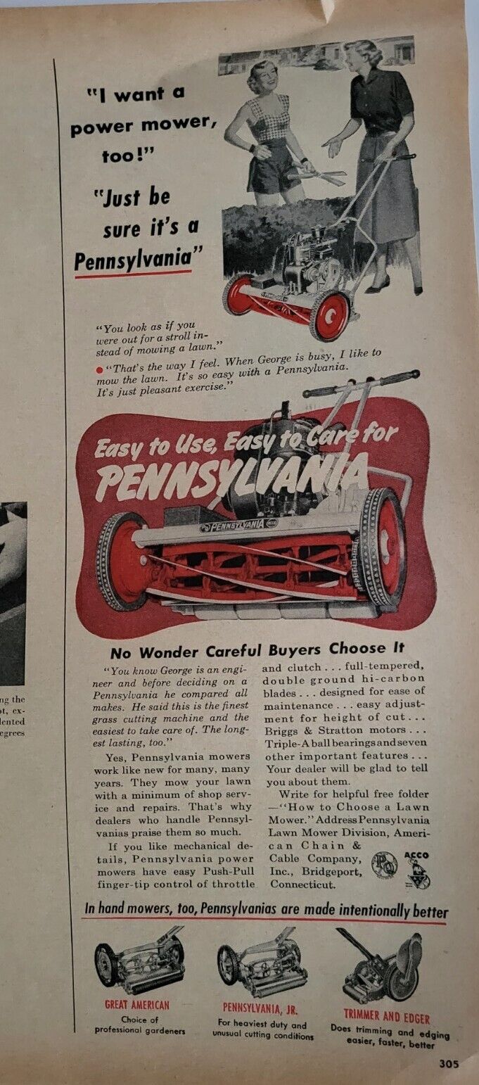 1952  Pennsylvania push lawn mower vintage ad