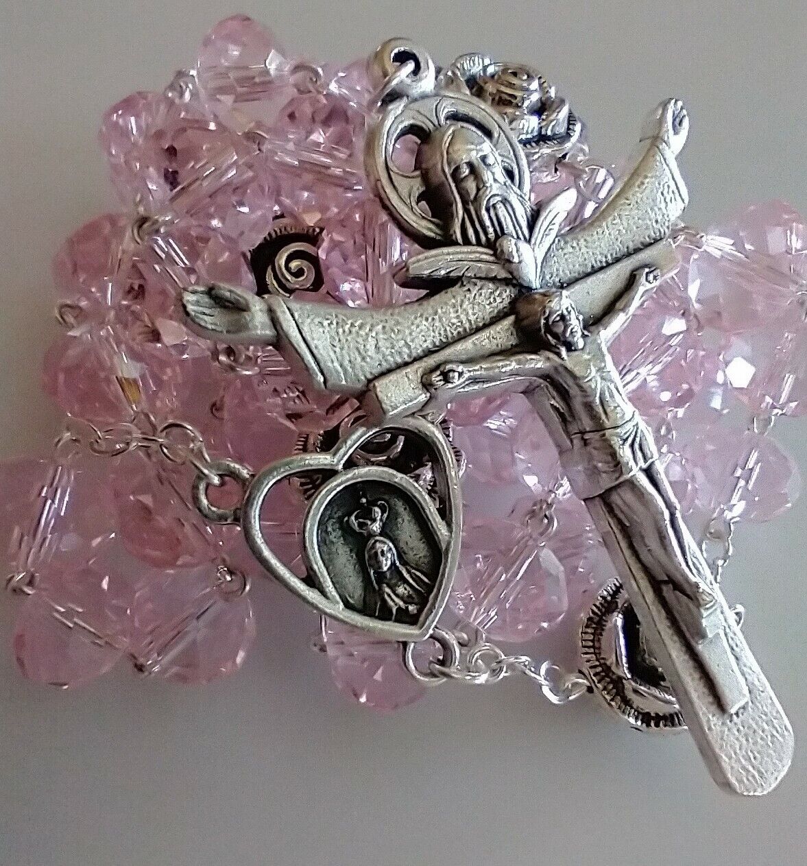 Catholic Our Lady of Fatima Rosary 10x8mm Clear Pink Rondelle Beads Trinity 21\