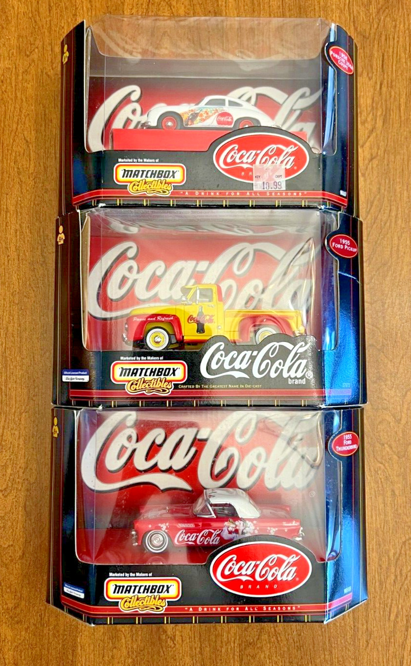 LOT 3 VINTAGE \'99 MATCHBOX / COCA-COLA DIECAST CARS / PICK UP - PORSCHE & FORD
