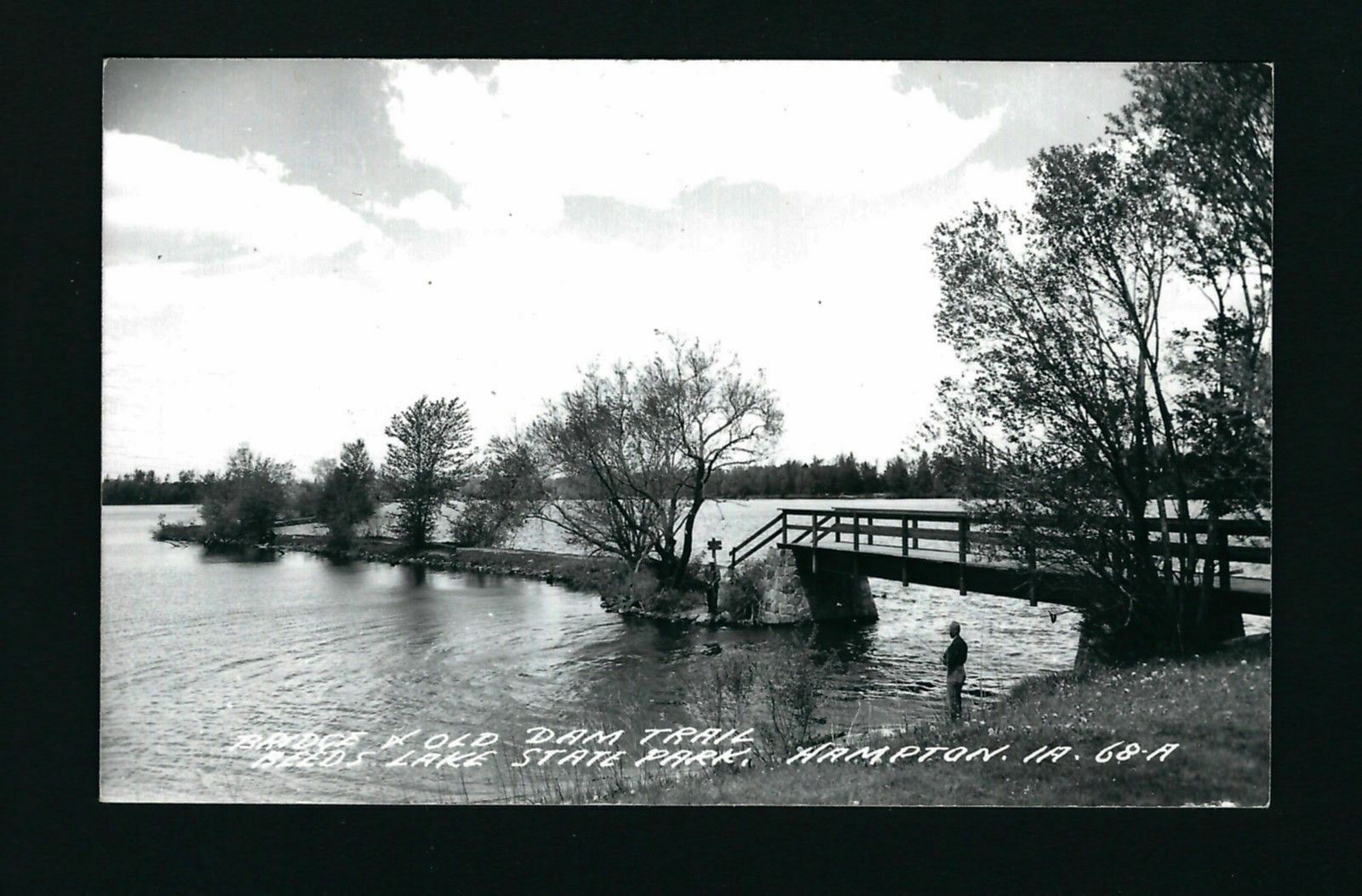 Hampton Iowa IA c1940s RPPC Old Beeds Lake State Park Dam area Bridge & Trailway
