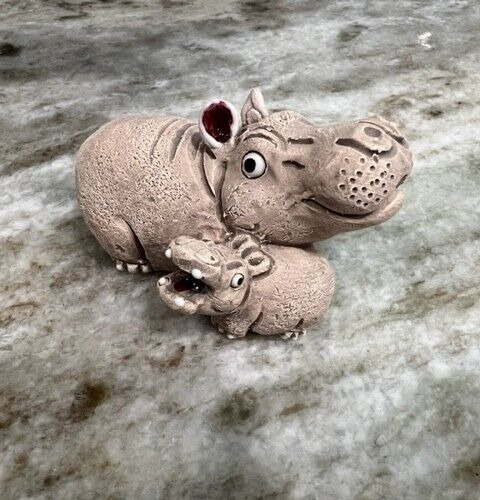 Hippo Mother And Baby Clay Figurine Handmade Peru