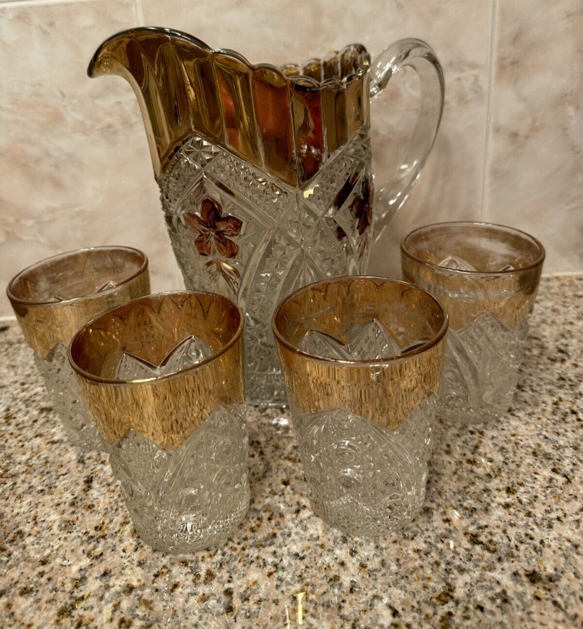 Rare Atq Rayed Flower Indiana Glass Splendor EAPG Pitcher & 4 Glasses w/Gold Rim