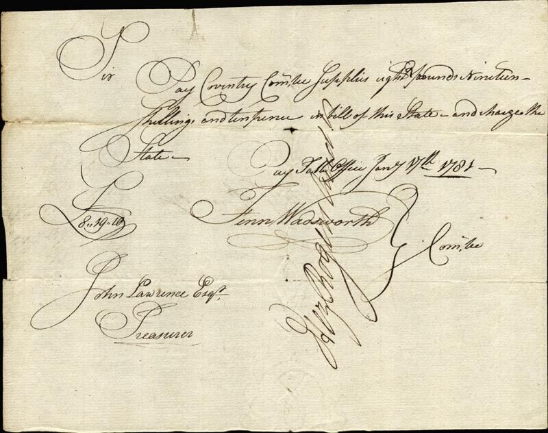 FENN WADSWORTH - MANUSCRIPT DOCUMENT SIGNED 01/17/1781 WITH CO-SIGNERS