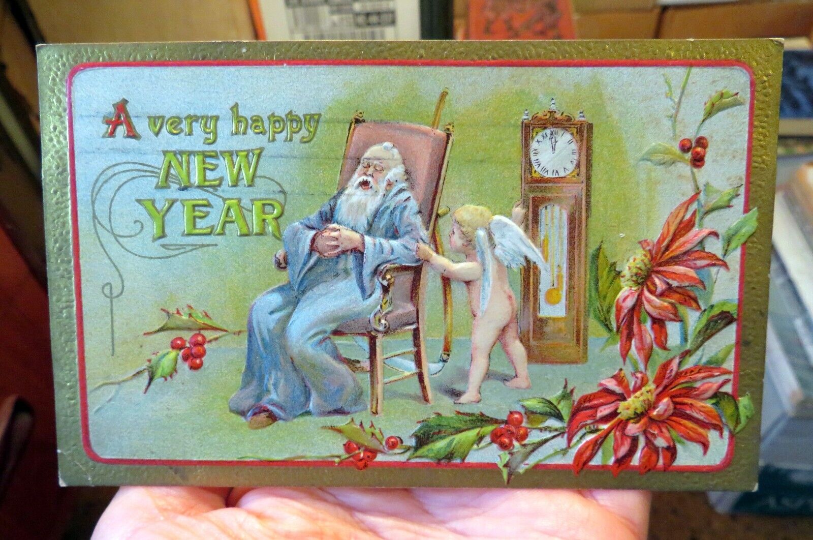 Vintage Happy New Year Old Man Time & Angel Cherub Embossed Postcard