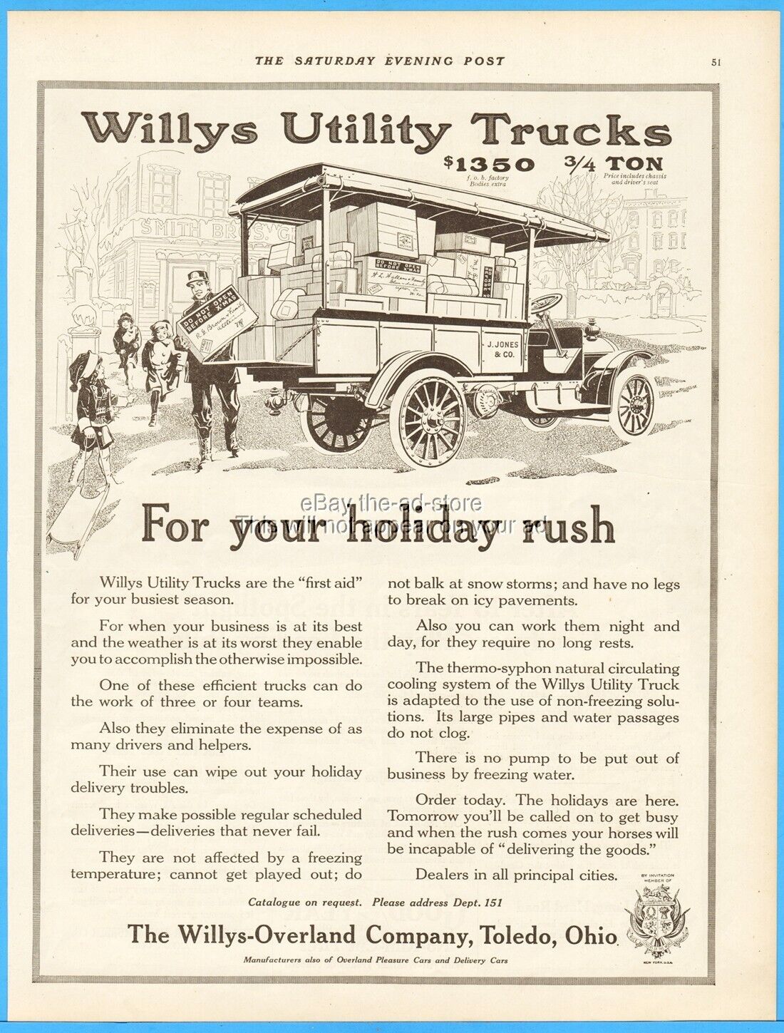 1914 Willys Overland Co Toledo OH J. Jones & Co Utility Truck Christmas Rush Vin