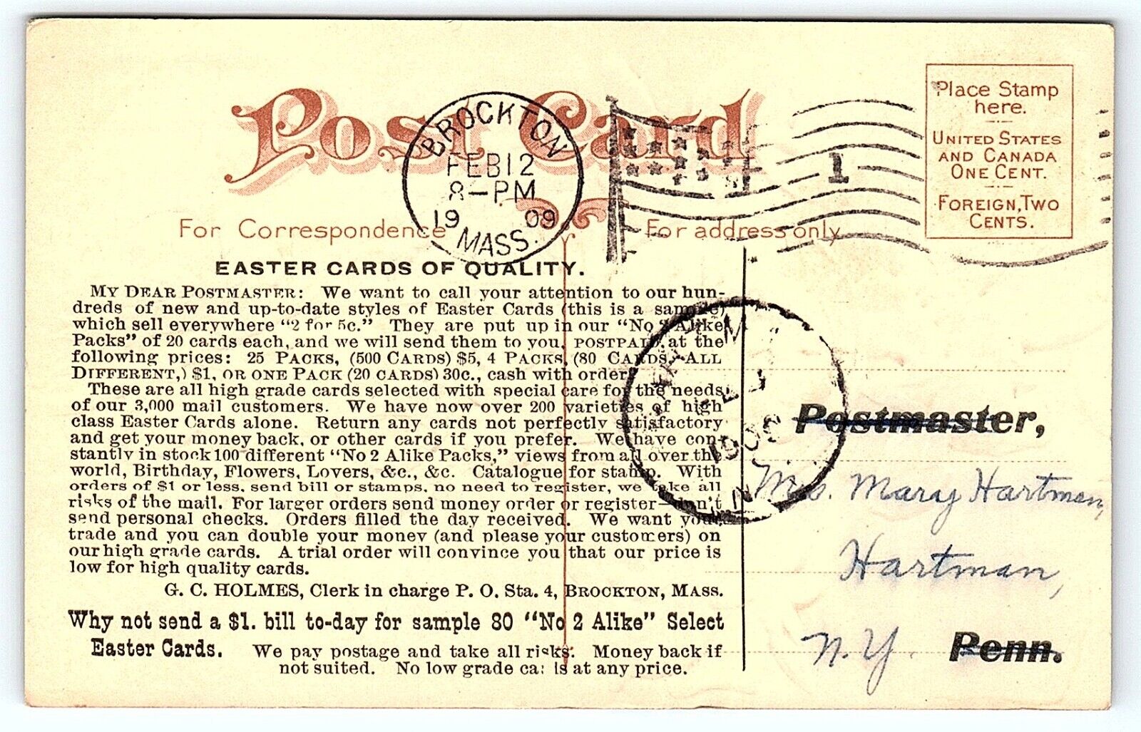 1909 Postmaster C G Holmes Brockton Mass Sales Sample Advertising for Postcards