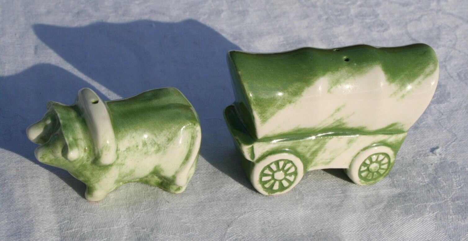 Vitg Salt Pepper Shakers Covered Wagon Bull Oxen Green white Ceramic 1950