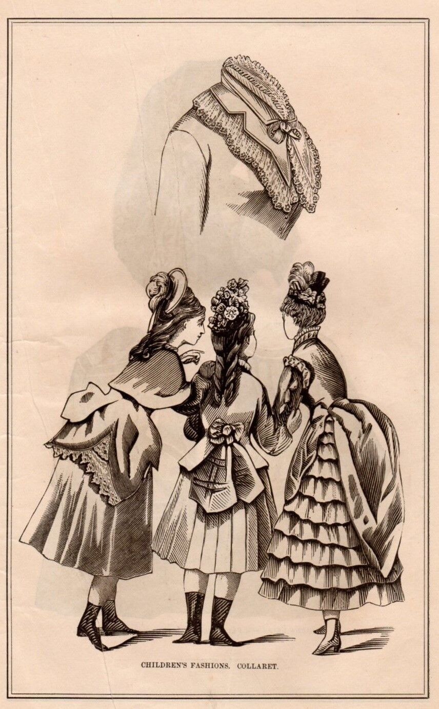 Antique Victorian Art print Fashion Children Lady Girl Hat dress October 1874