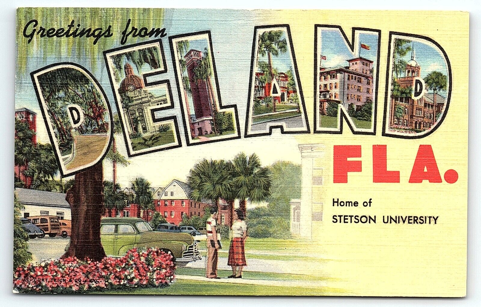 1940s DELAND FLORIDA GREETINGS STETSON UNIVERSITY LINEN POSTCARD P5320