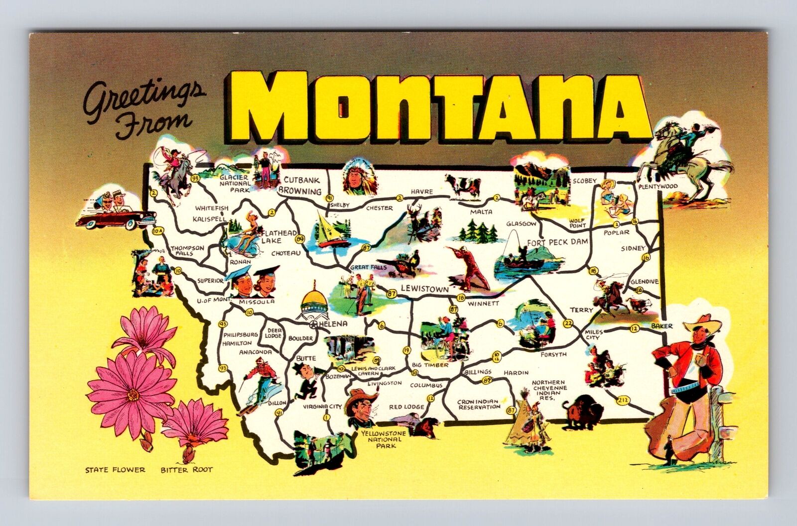 MT- Montana, General Map Landmark Greetings, Antique, Vintage Souvenir Postcard