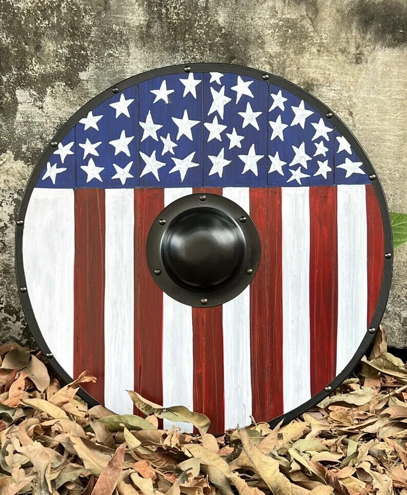 American Flag Shield Viking Patriotic Authentic Distressed Battleworn Wood 24 in