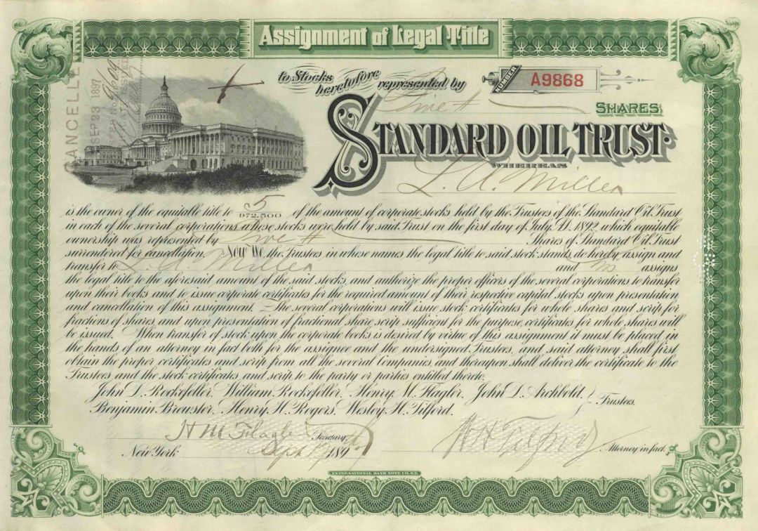 Standard Oil Trust Signed by Henry M. Flagler & Wesley H. Tilford - 1890\'s dated