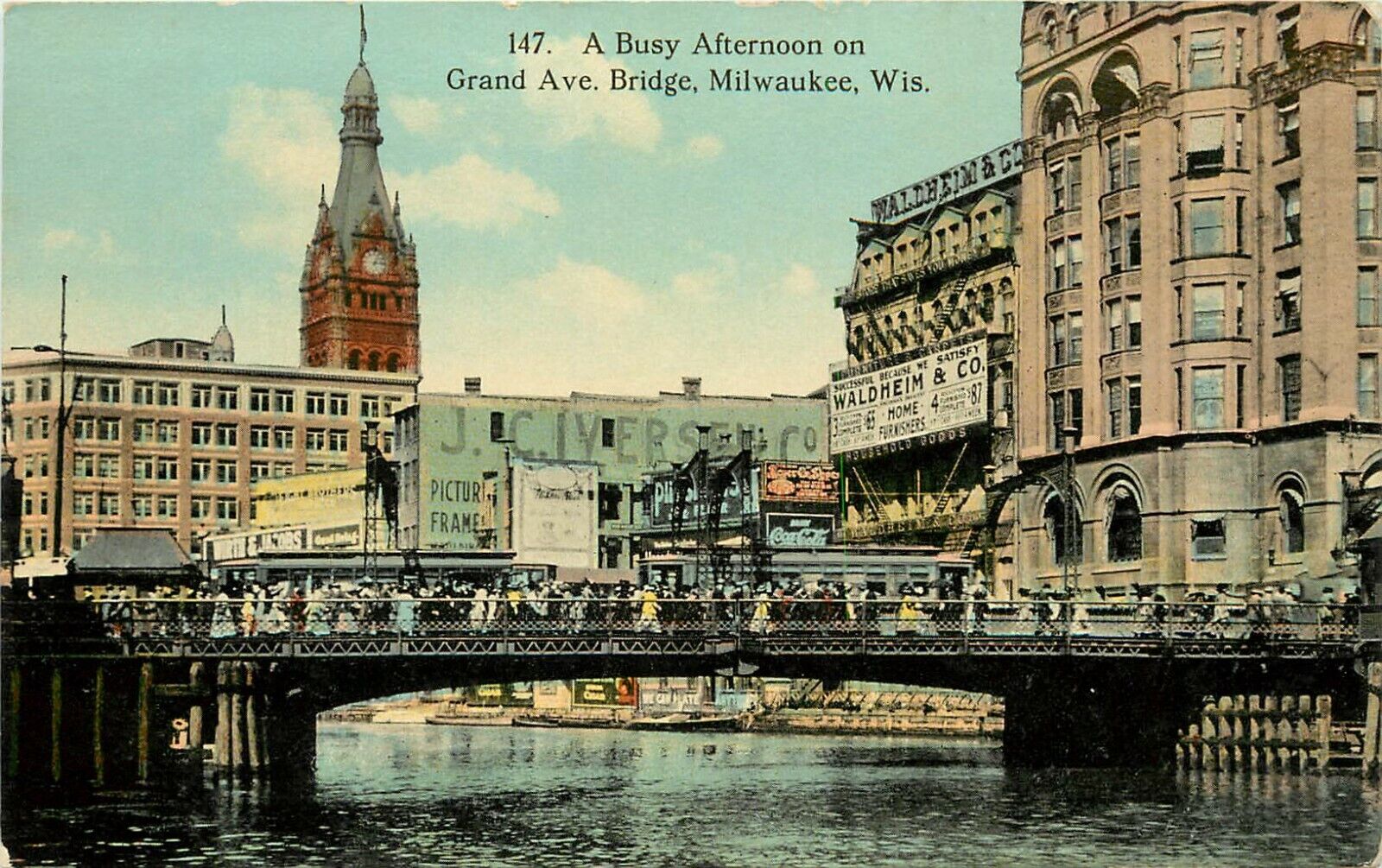 c1910 Postcard; Busy Afternoon on Grand Ave. Bridge, Milwaukee WI