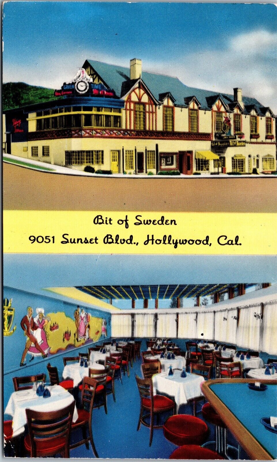Vtg Hollywood California CA Bit of Sweden Restaurant 1950s View Postcard