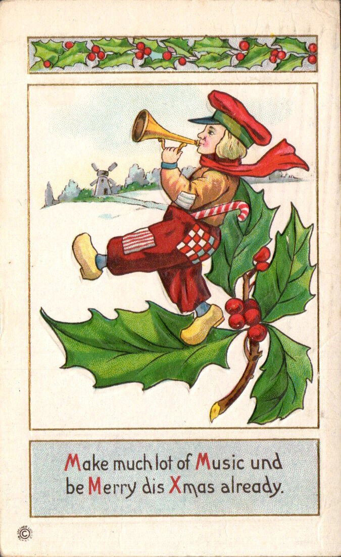 ANTIQUE 1910 CHRISTMAS PC DUTCH BOY WOODEN SHOES BLOWING HORN WINDMILL HOLLY