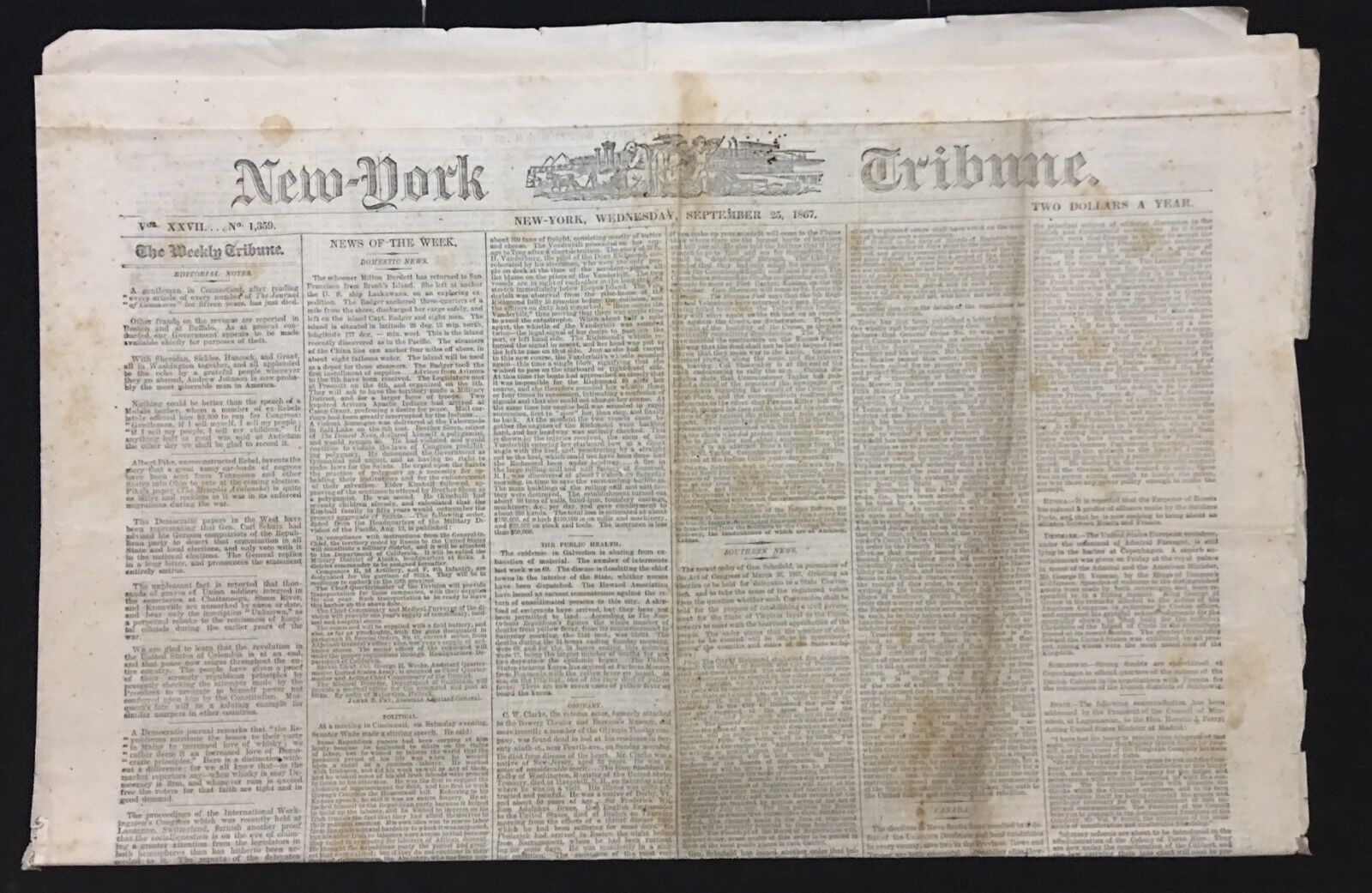 NEW YORK TRIBUNE: SEPTEMBER 25 1867  VINTAGE NEWSPAPER POST CIVIL WAR ERA
