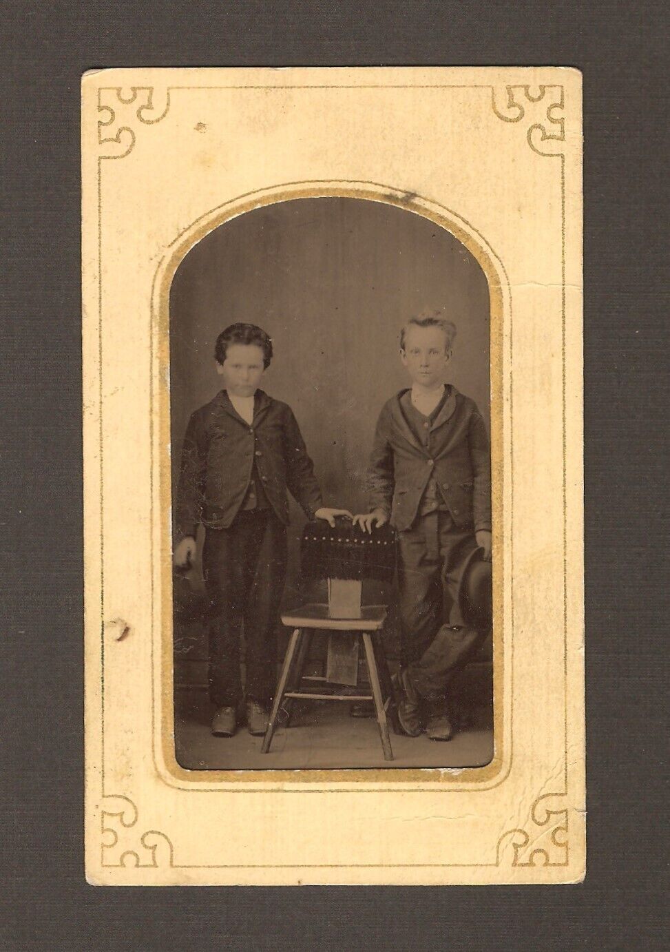 Antique Tintype Photo Young Men Boys Children Standing by Chair in Old Clothing