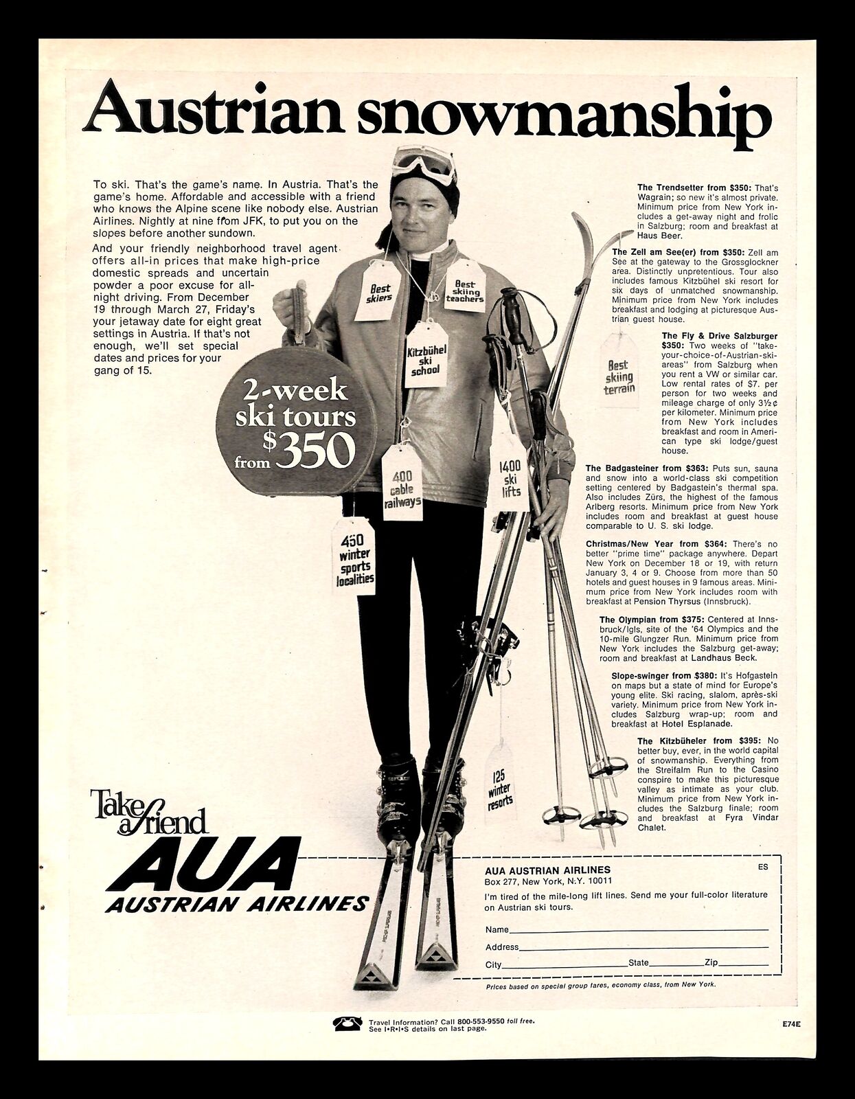 1969 AUA Austrian Airlines Vintage PRINT AD Ski Tours Clothing Shopping Snow 60s