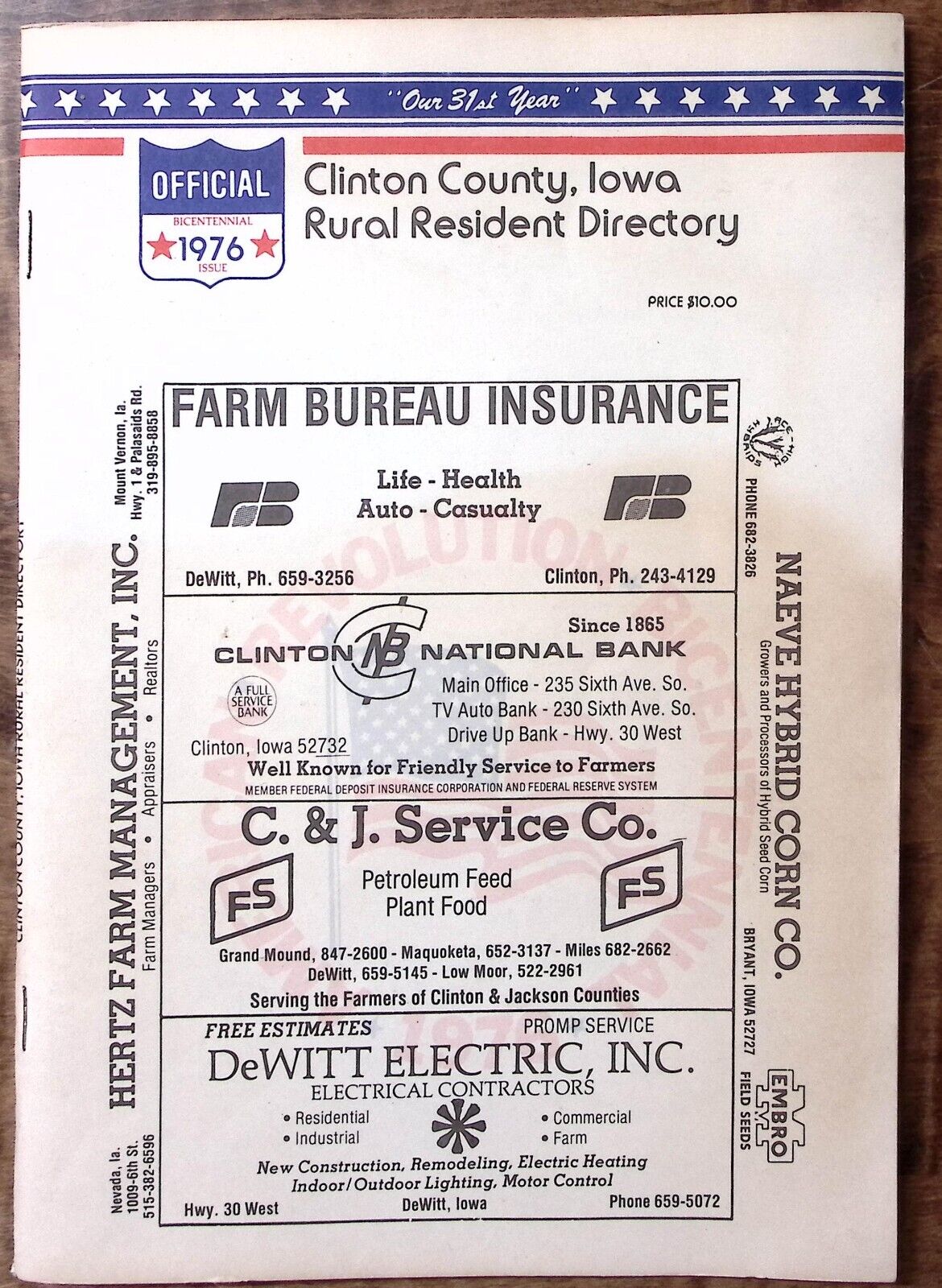 1976 CLINTON COUNTY IOWA DIRECTORY FULL OF ADVERTISING LOCAL TELEPHONE #s  Z5460