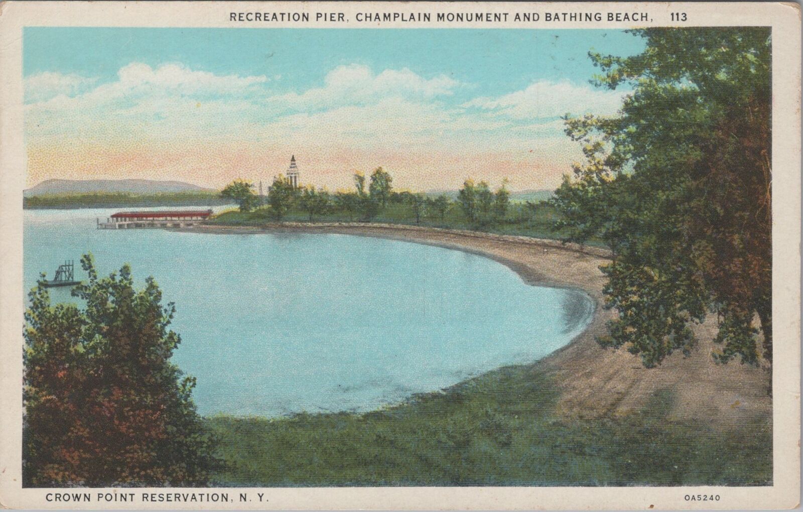 Recreation Pier Champlain Monument Bathing Beach Crown Point New York Postcard