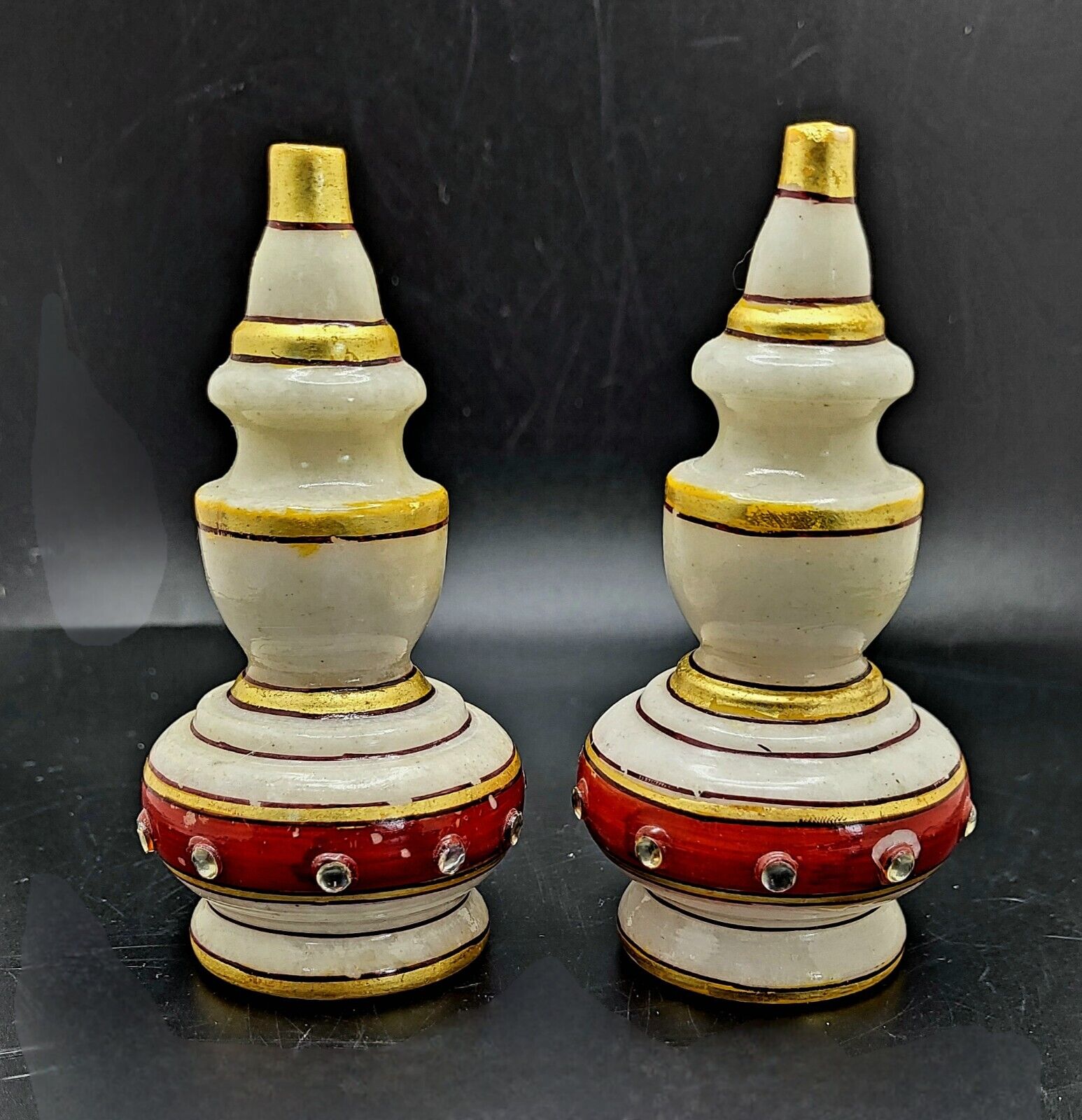Lot of 2 Hindu India Marble Religious Decor Painted Embellishments Gold Red 
