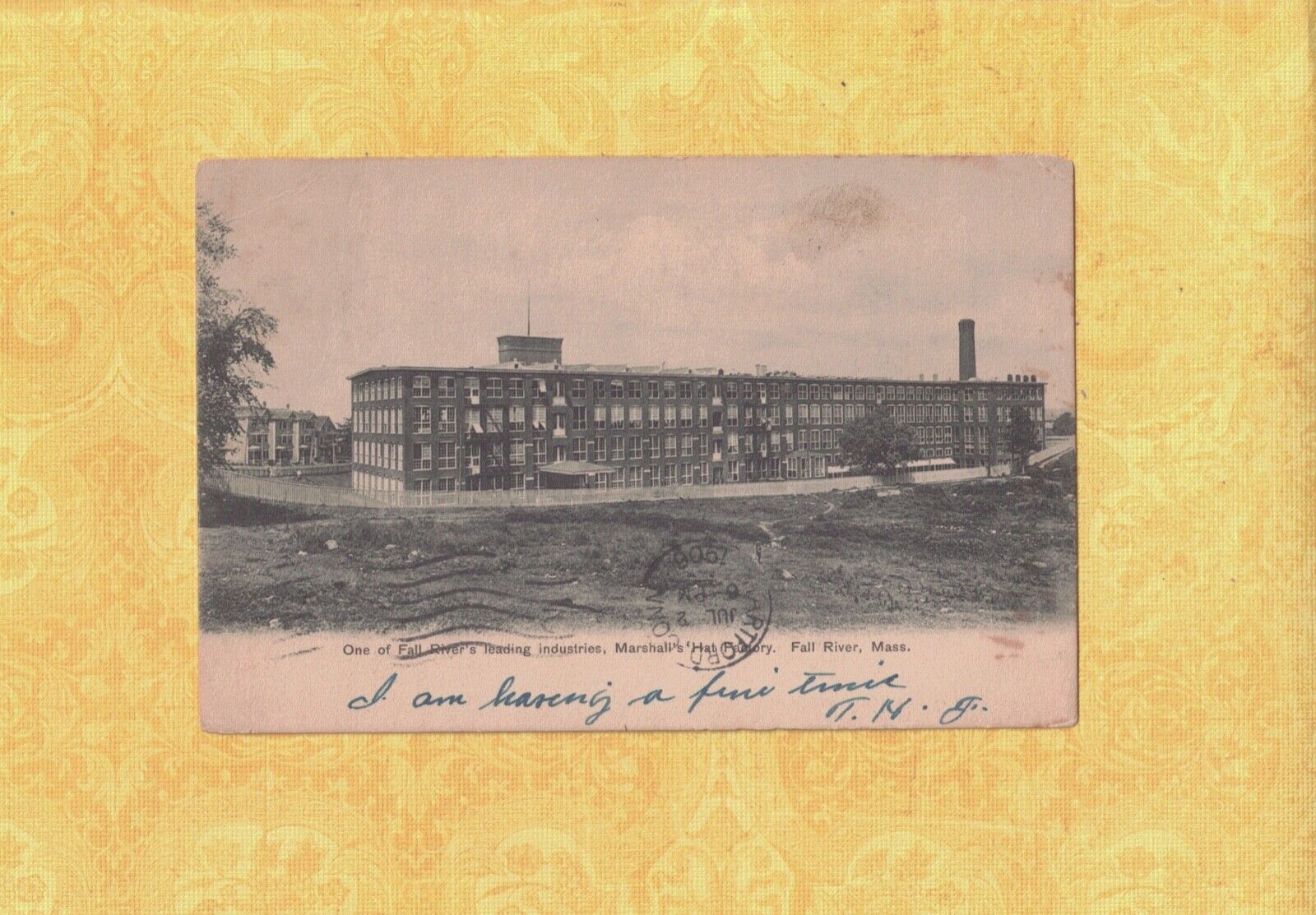 MA Fall River 1906 antique postcard MARSHALLS HAT CO to Hartford CT Korty