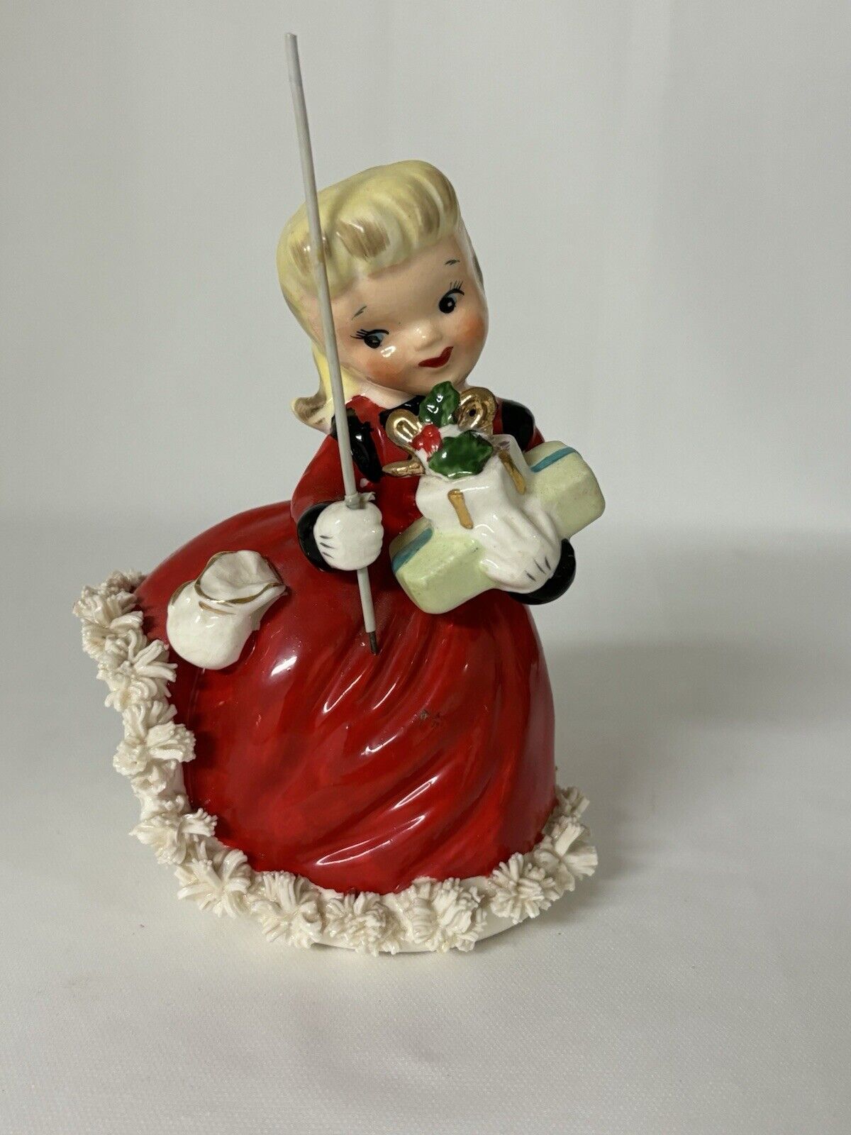 Vintage Little Shopper Christmas Figurine Blonde Girl Red Dress Spaghetti Trim