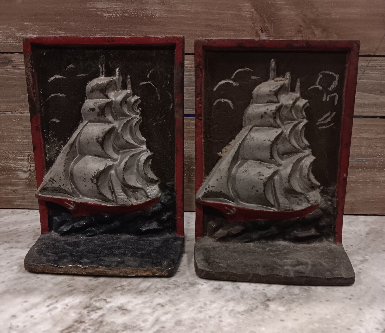 Vintage Antique Heavy Brass Decorative Ship Book Ends Set of Two 