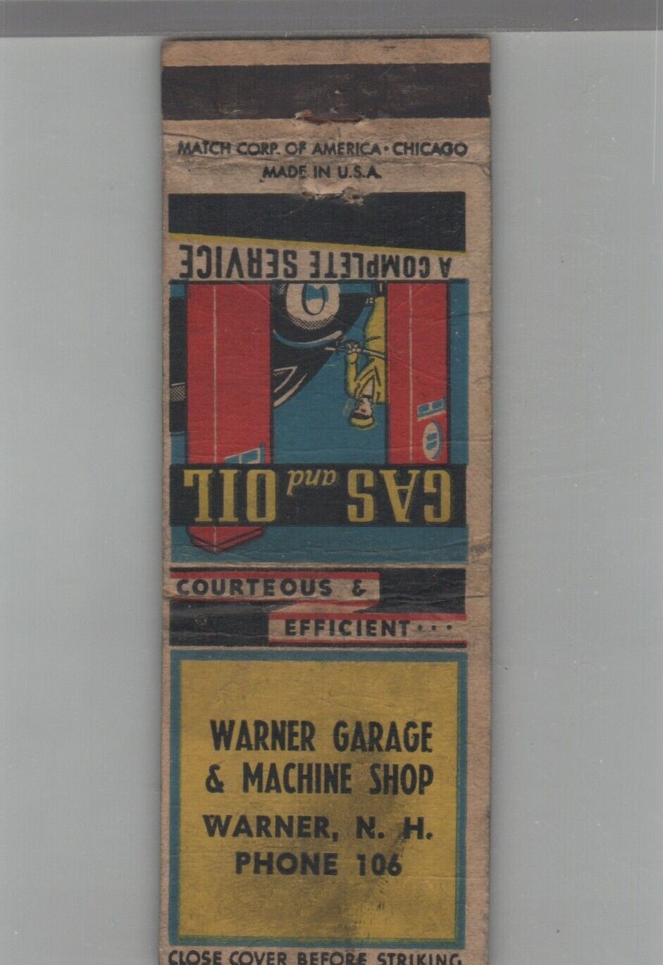 Matchbook Cover - Vintage Gas Station Warner Garage Warner, NH
