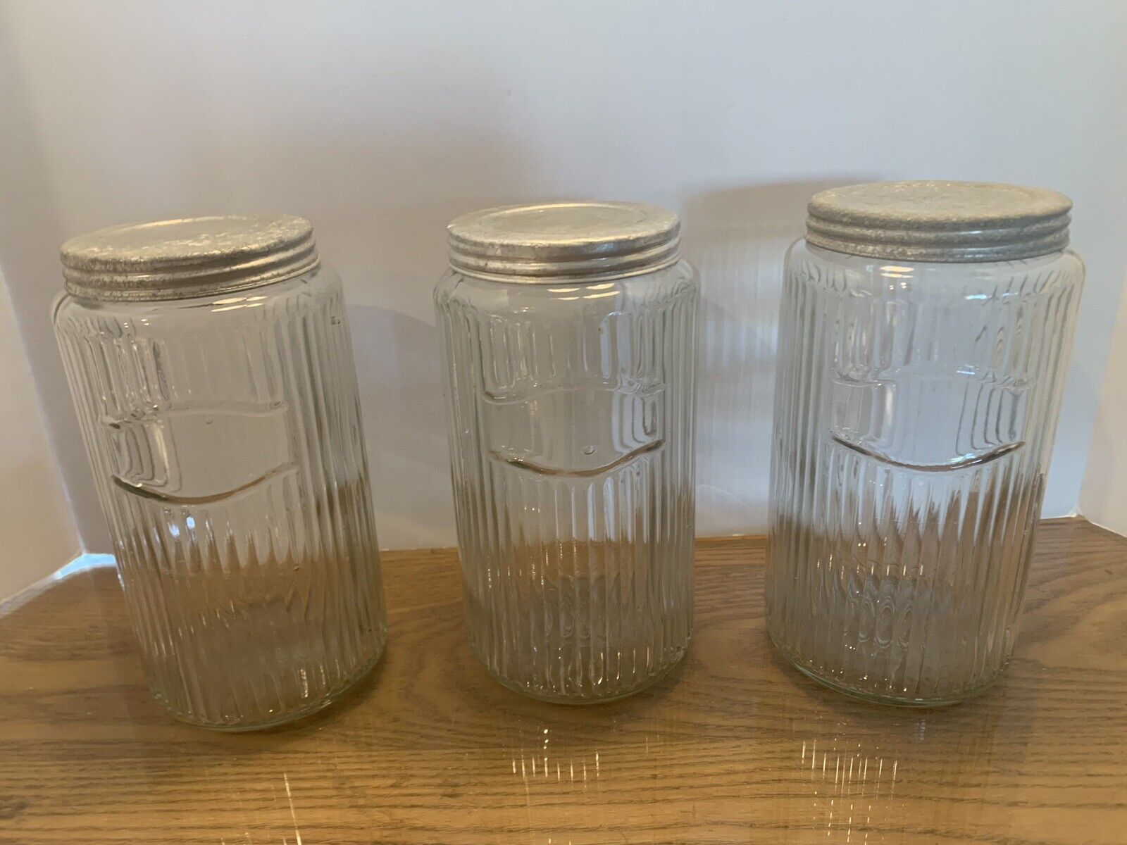 3 Vintage Hoosier Ribbed Clear Glass Cannister Jars Original Metal Lids - Lot WW