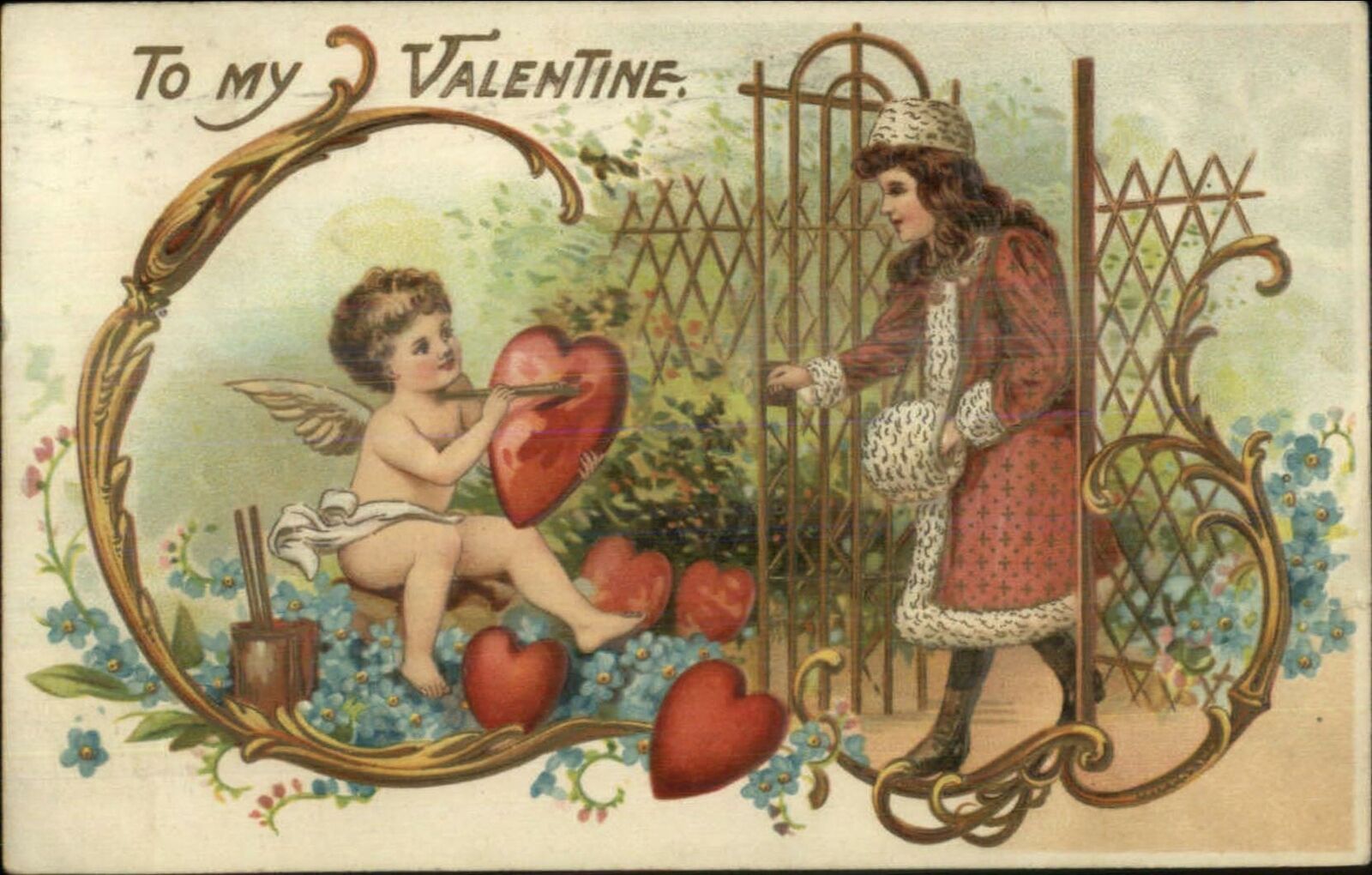Valentine - Cupid Painting Hearts Visited by Girl c1910 Postcard