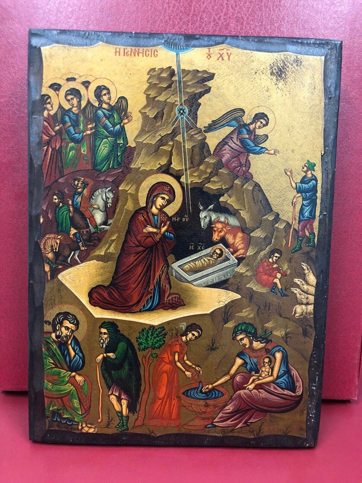 A Rare Antique 20c Orthodox Nativity Icon HAND PAINTED on Old Wood