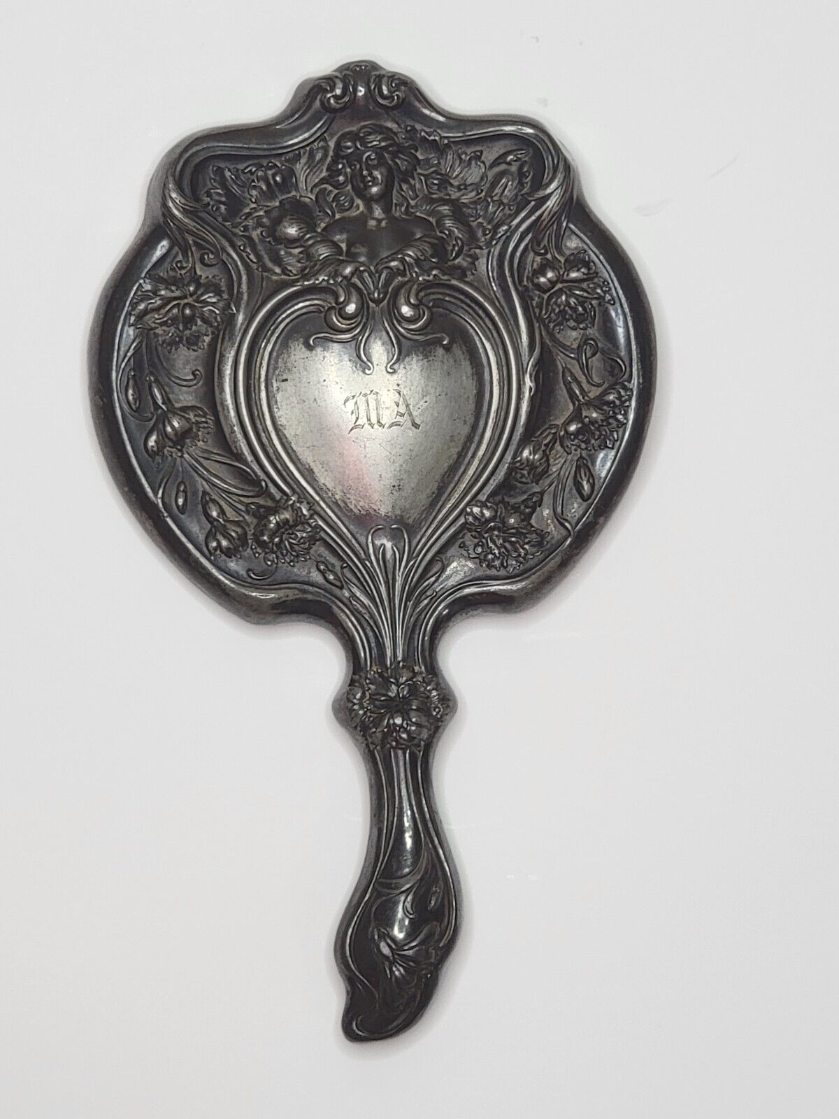 Antique Art Nouveau Silver Plated Hand Mirror Lovely Lady & Flowers