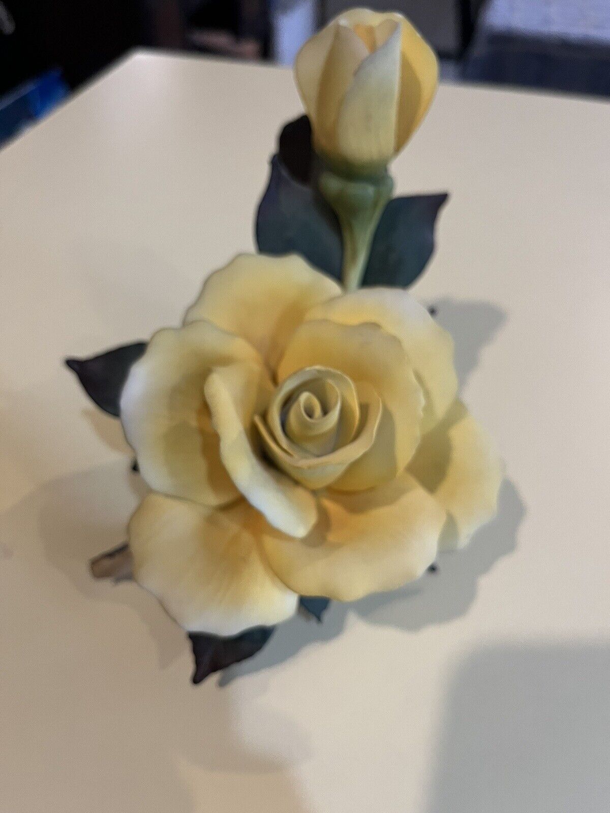 Vintage Porcelain Bisque Yellow Rose On Branch Signed Lovely One Chip On Bud
